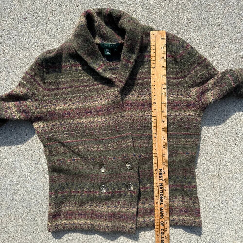 Vintage Lauren Ralph Lauren Lambswool Olive Green Fair isle Cardigan Sweater MED - Picture 7 of 8